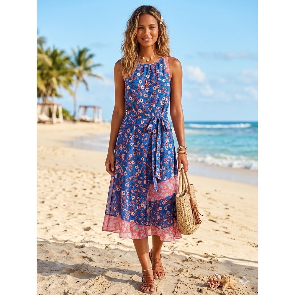 NWT 💙Vince Camuto Floral Tie-Waist Midi Dress Size 10 Coastal Summer Garden
